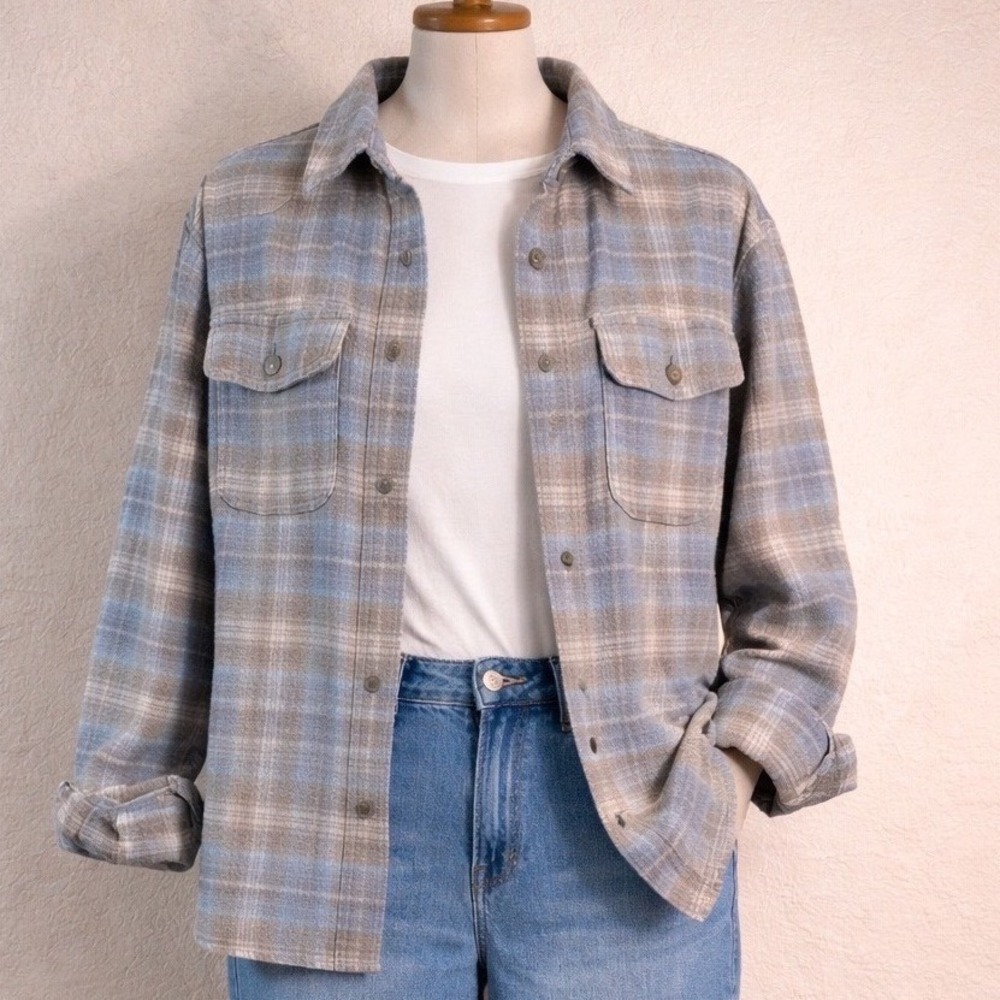 American Eagle Plaid Flannel Shirt Jacket Blue Purple Gray Size M